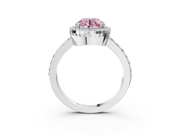 Platinum Fancy Pink Round  Cut Diamond Halo Engagement Ring with Milgrain Detail and Pavé Band
