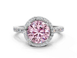 White gold Fancy Pink Round  Cut Halo Diamond Ring with Pave Band and Four-Prong Setting