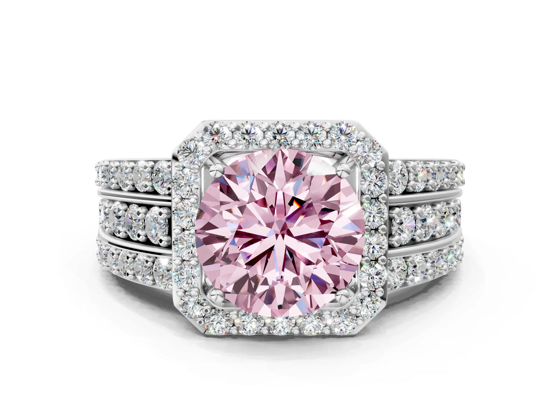 White gold Fancy Pink Round Cut Halo Diamond Ring with Round  Split Shank and Prong Setting_58
