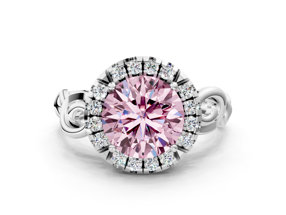 White gold Fancy Pink Round  Cut Halo Diamond Ring with Scrollwork Band and Four-Prong Setting
