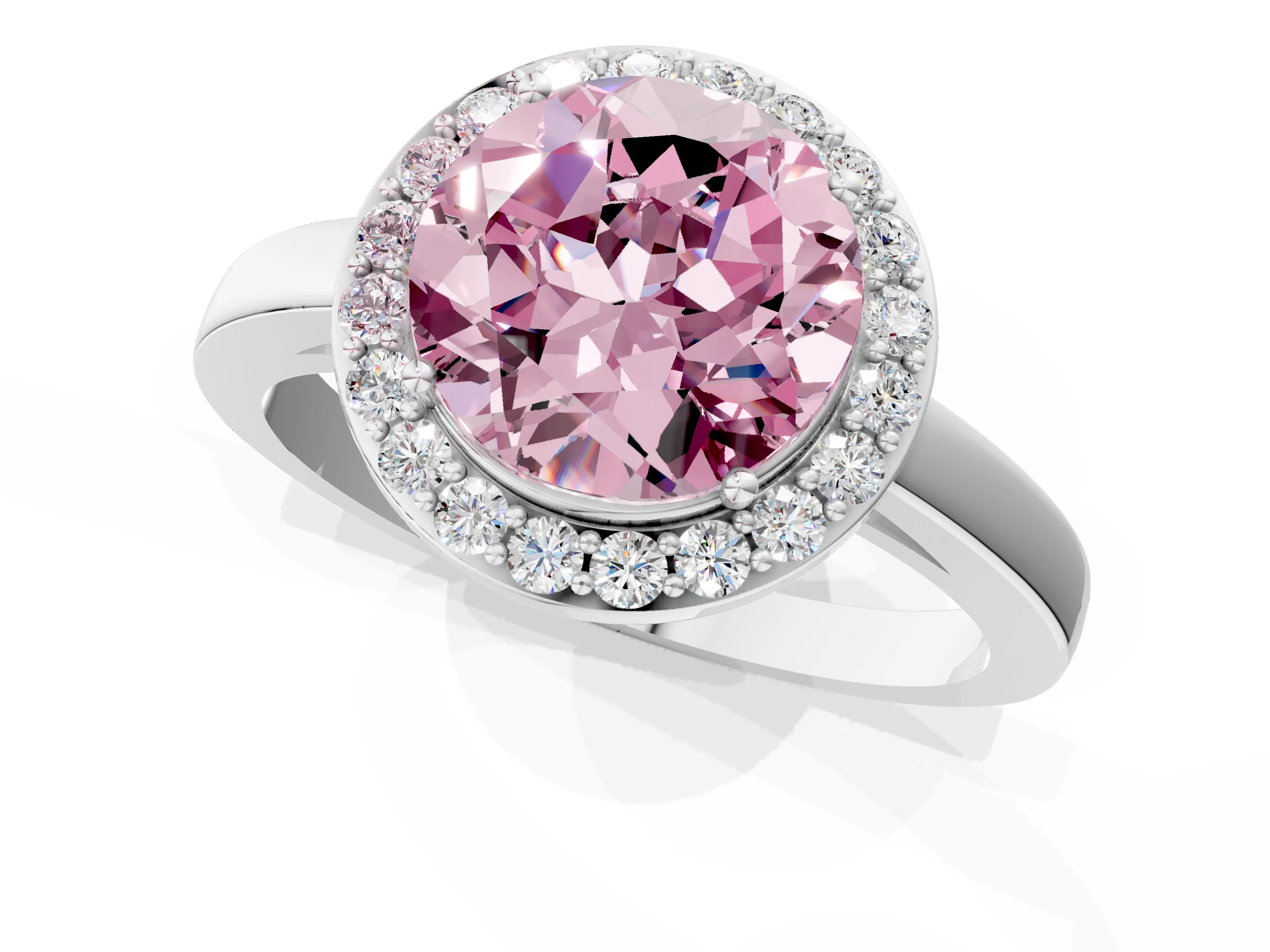 White gold Fancy Pink Round Cut Halo Diamond Ring with Solitaire Band and Prong Setting_1