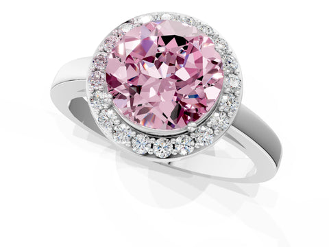 White gold Fancy Pink Round Cut Halo Diamond Ring with Solitaire Band and Prong Setting_1