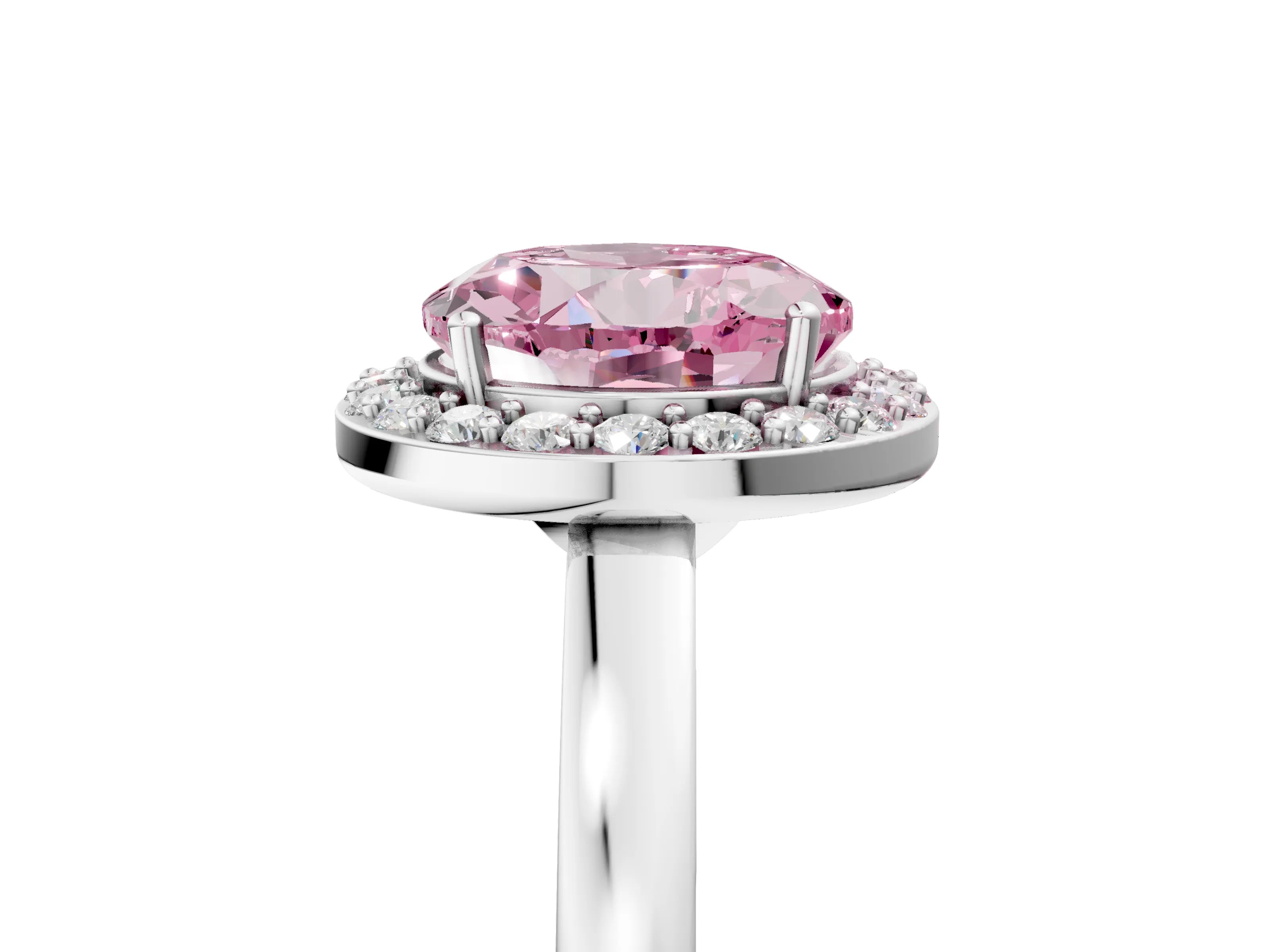 White gold Fancy Pink Round Cut Halo Diamond Ring with Solitaire Band and Prong Setting_5