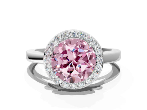 White gold Fancy Pink Round Cut Halo Diamond Ring with Solitaire Band and Prong Setting