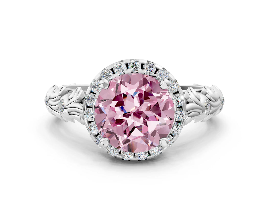 White gold Fancy Pink Round Cut Halo Diamond Solitaire with Filigree Band and Four-Prong Setting_36