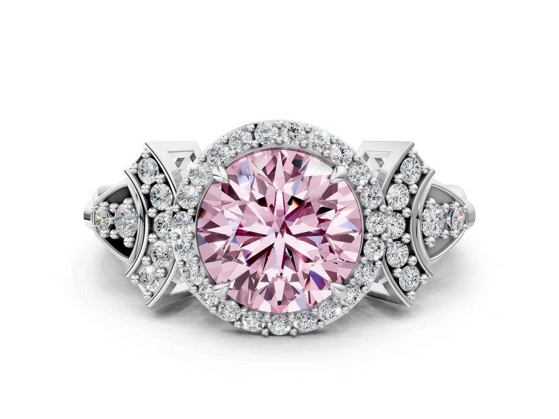 White gold Fancy Pink Round Cut Halo Diamond Split Shank Engagement Ring with Four-Prong Setting