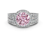 White gold Fancy Pink Round Cut Halo Diamond Split Shank Ring with Prong Setting