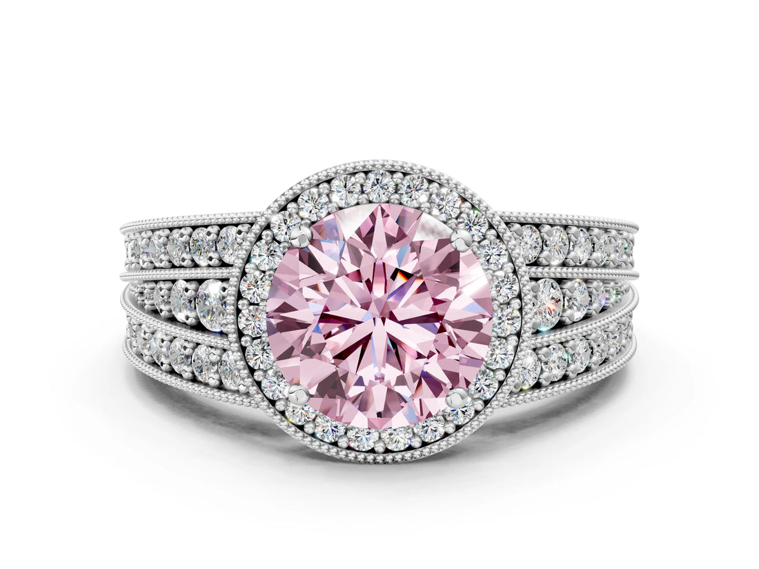 White gold Fancy Pink Round Cut Halo Diamond Split Shank Ring with Prong Setting_12