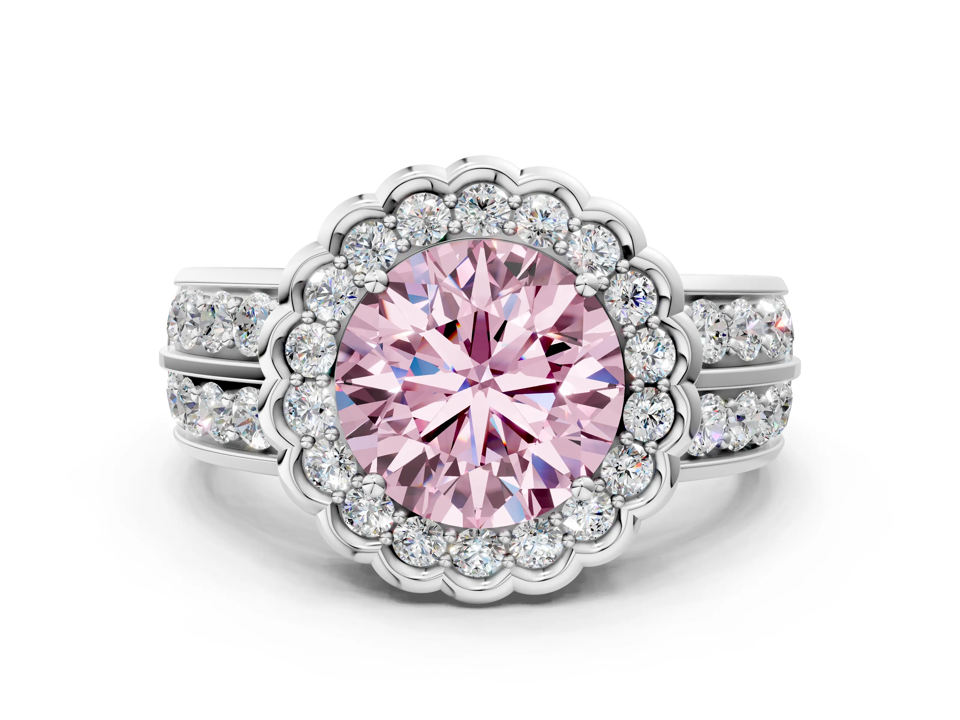 White gold Fancy Pink Round Cut Halo Diamond Split Shank Ring with Scalloped Prong Setting_12
