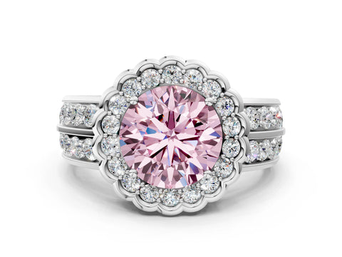 White gold Fancy Pink Round Cut Halo Diamond Split Shank Ring with Scalloped Prong Setting_12
