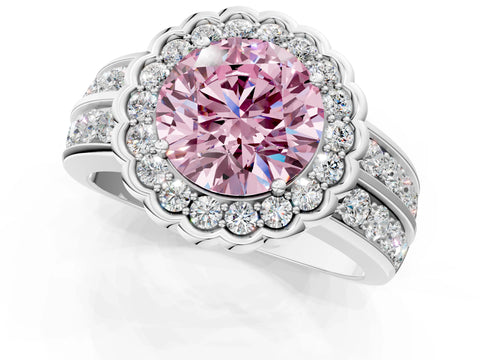 White gold Fancy Pink Round Cut Halo Diamond Split Shank Ring with Scalloped Prong Setting_13