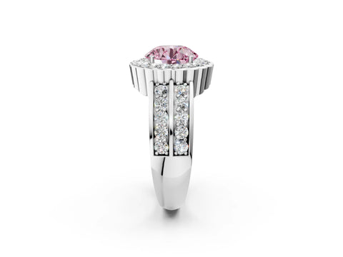 White gold Fancy Pink Round Cut Halo Diamond Split Shank Ring with Scalloped Prong Setting_14