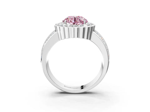White gold Fancy Pink Round Cut Halo Diamond Split Shank Ring with Scalloped Prong Setting_15