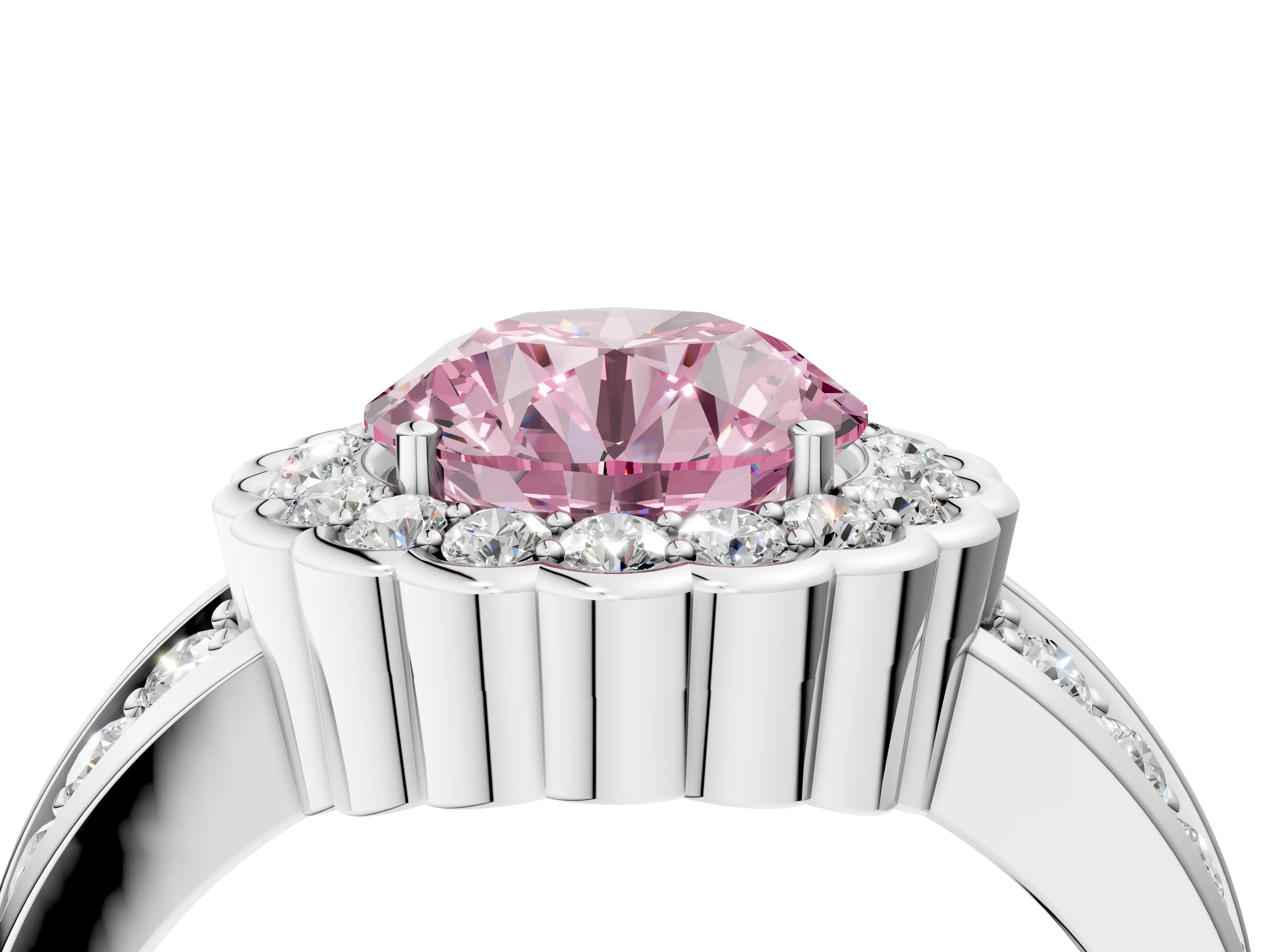 White gold Fancy Pink Round Cut Halo Diamond Split Shank Ring with Scalloped Prong Setting_16