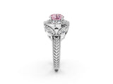 White gold Fancy Pink Round Cut Halo Milgrain Diamond Engagement Ring with Leaf Band and Four-Prong Setting_2