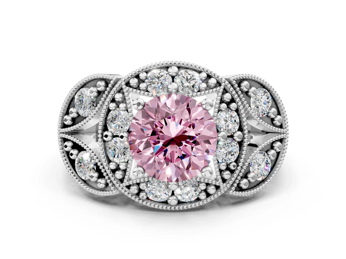 White gold Fancy Pink Round Cut Halo Milgrain Diamond Engagement Ring with Leaf Band and Four-Prong Setting
