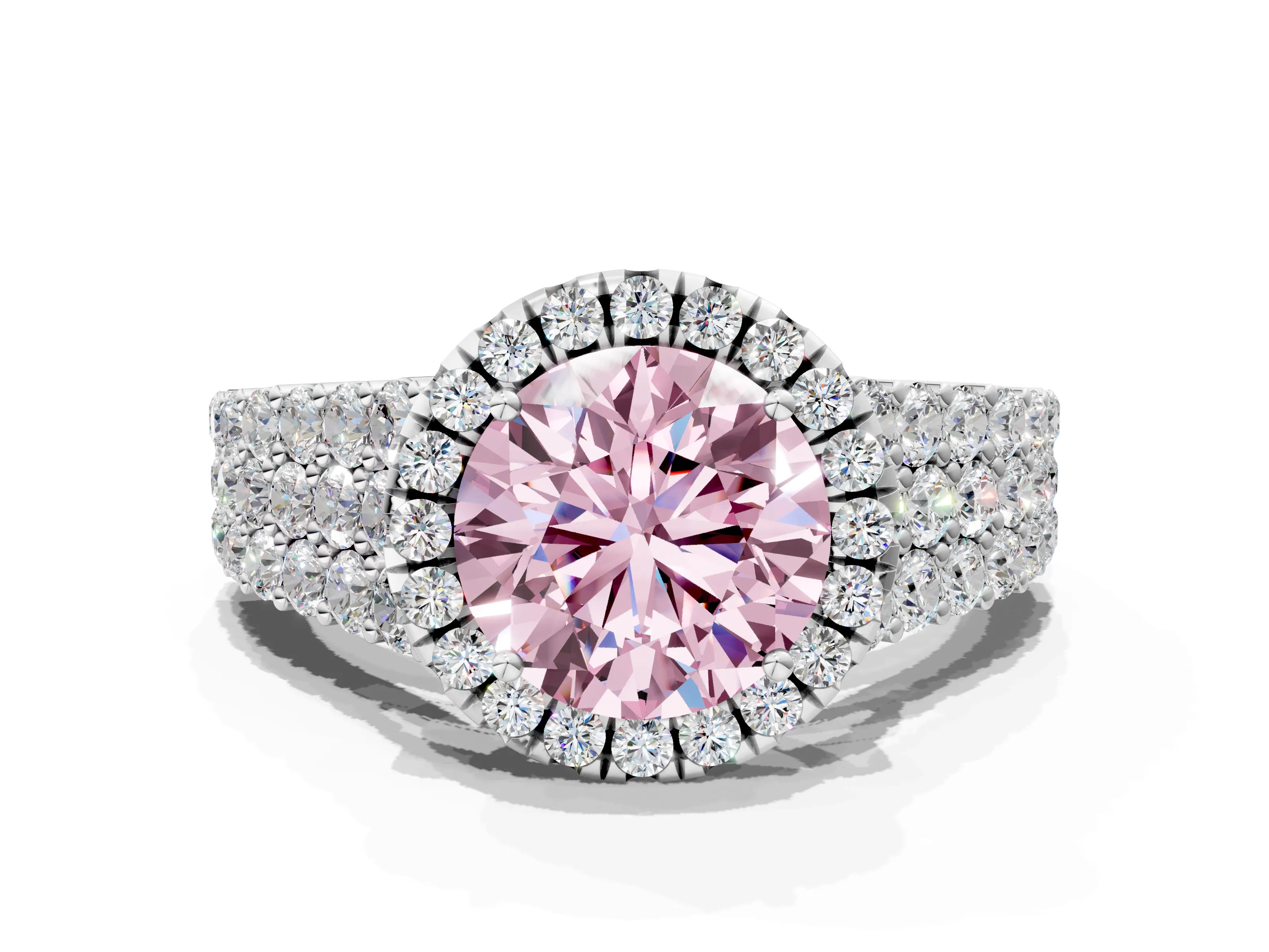 White gold Fancy Pink Round Cut Halo Pavé Diamond Engagement Ring with Split Shank and Four-Prong Setting_3