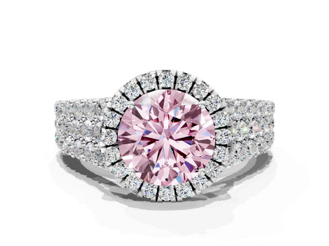 White gold Fancy Pink Round Cut Halo Pavé Diamond Engagement Ring with Split Shank and Four-Prong Setting_3