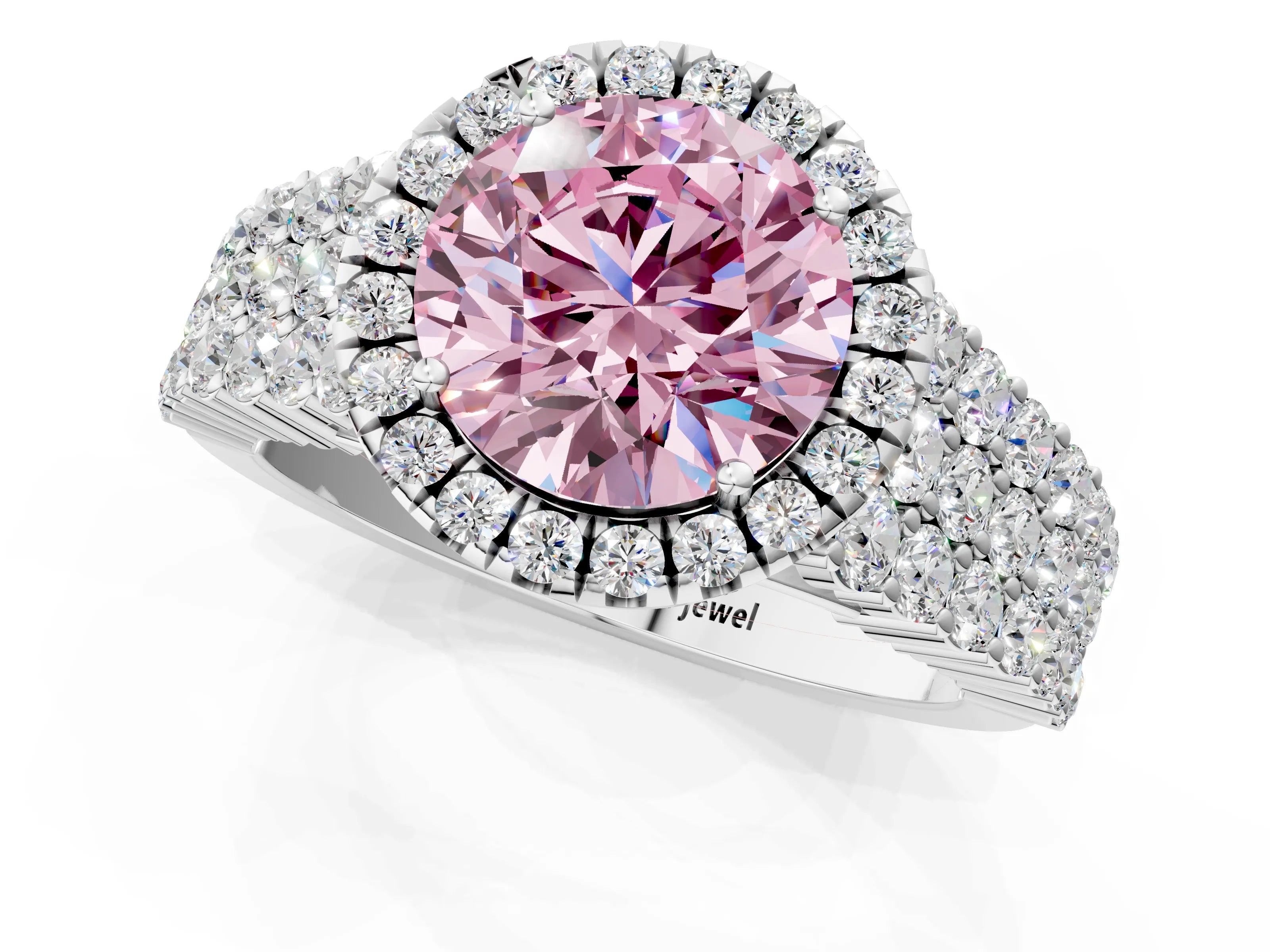 White gold Fancy Pink Round Cut Halo Pavé Diamond Engagement Ring with Split Shank and Four-Prong Setting_4