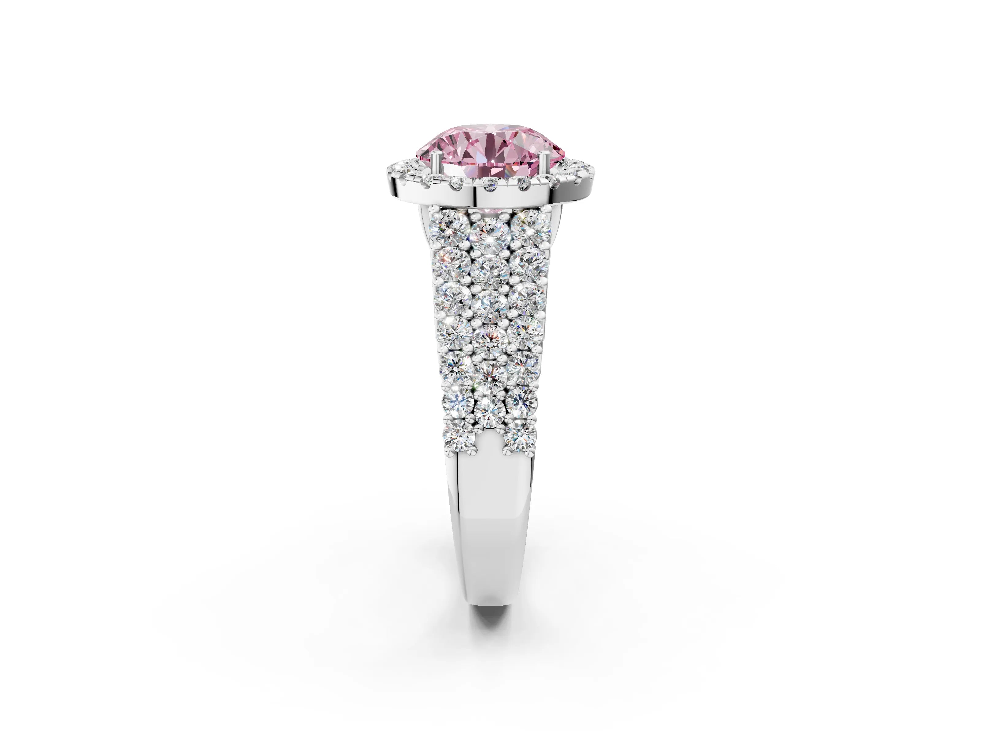 White gold Fancy Pink Round Cut Halo Pavé Diamond Engagement Ring with Split Shank and Four-Prong Setting_5