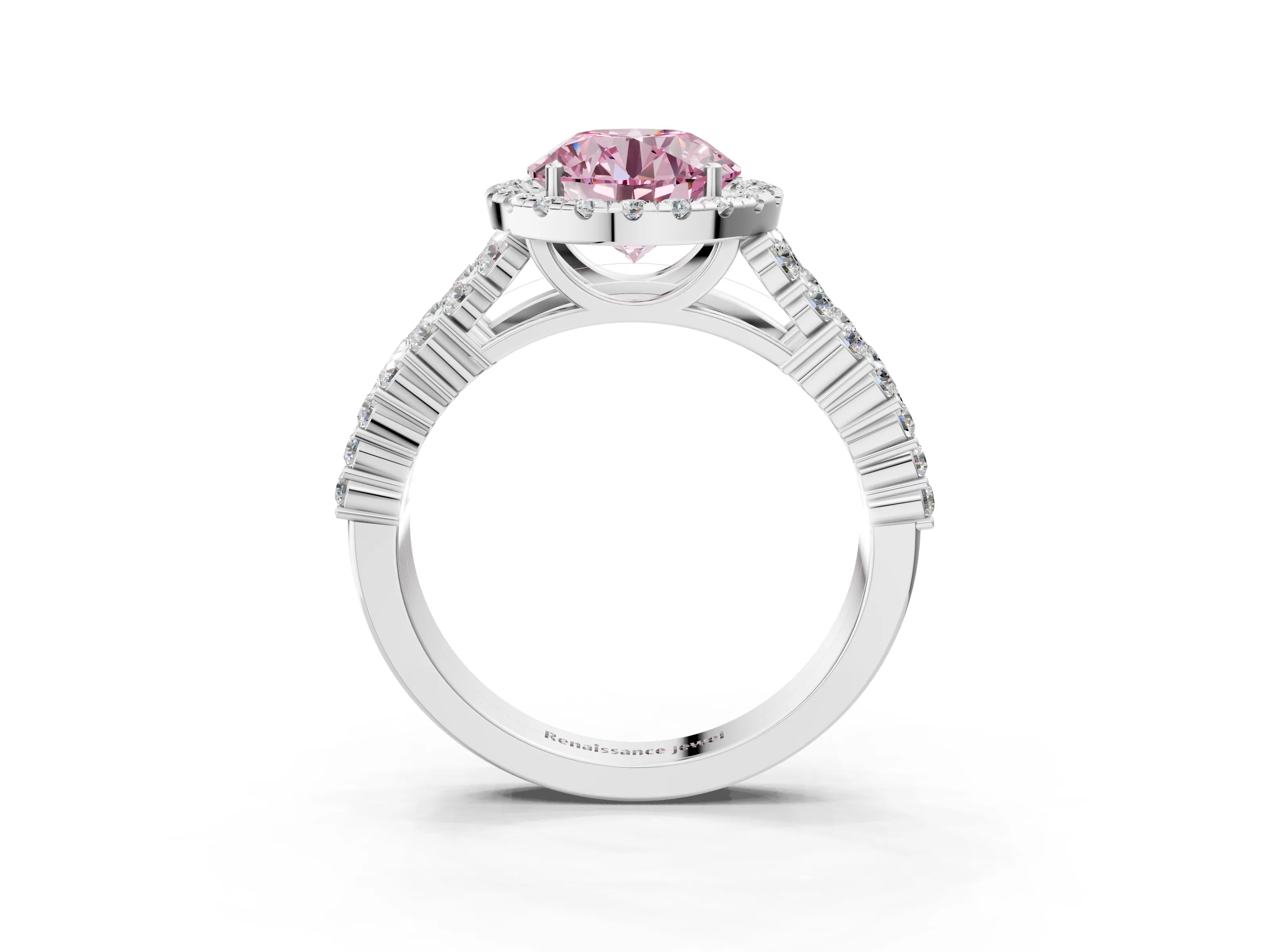 White gold Fancy Pink Round Cut Halo Pavé Diamond Engagement Ring with Split Shank and Four-Prong Setting_6
