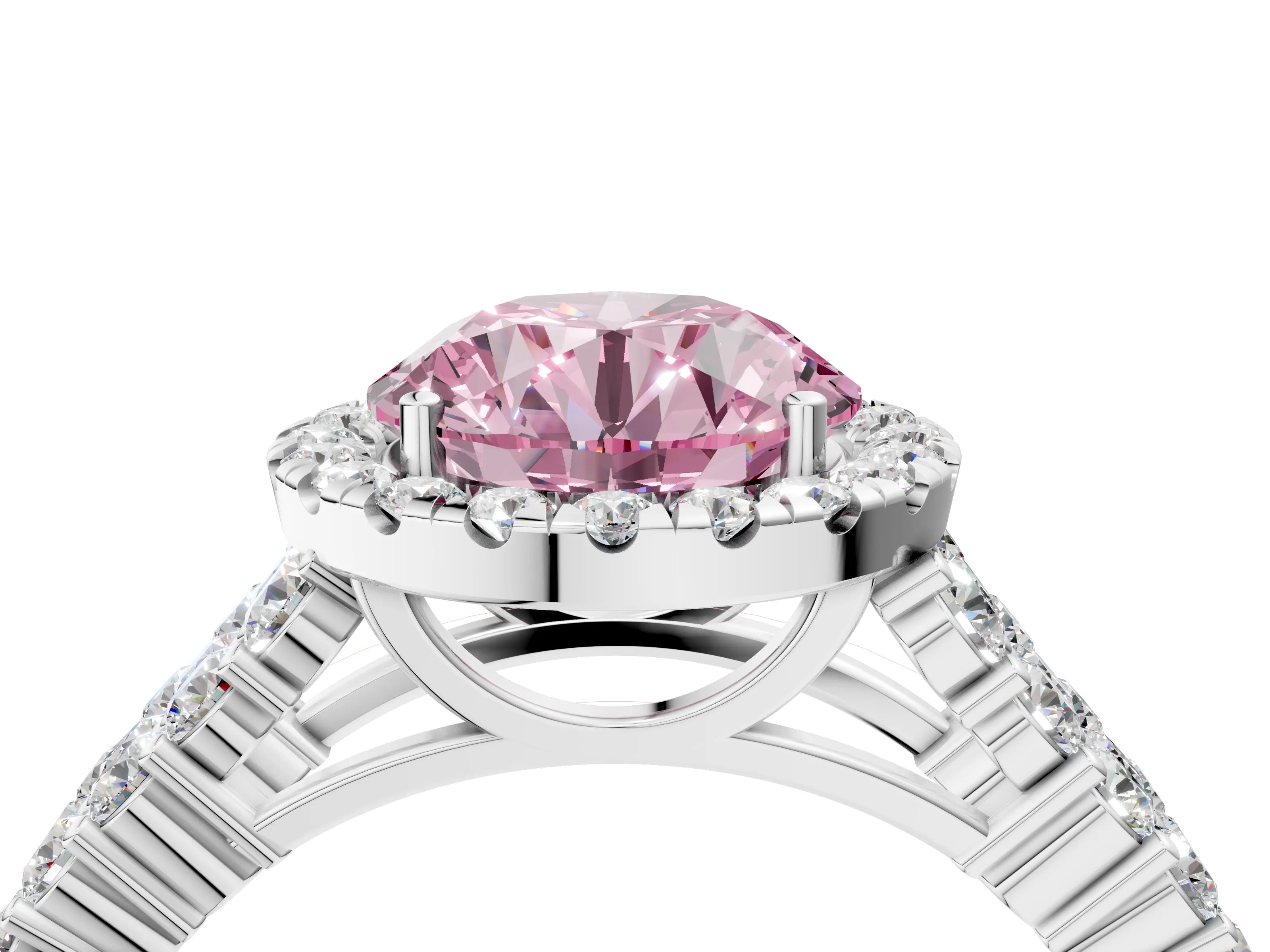 White gold Fancy Pink Round Cut Halo Pavé Diamond Engagement Ring with Split Shank and Four-Prong Setting_7