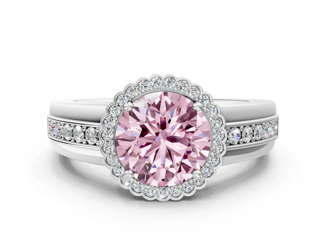 White gold Fancy Pink Round  Cut Halo Pave Band Four-Prong Ring_47