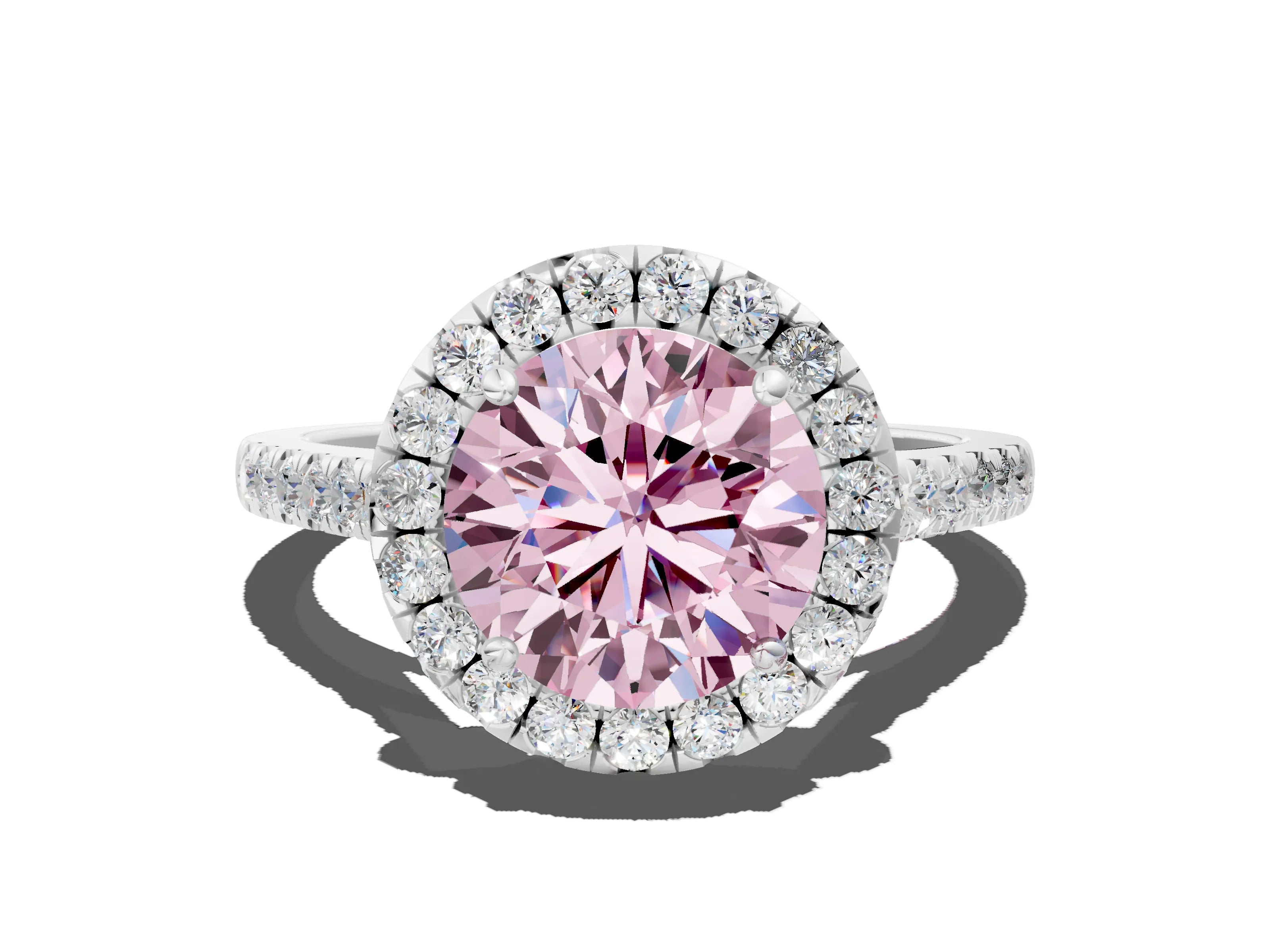 White gold Fancy Pink Round Cut Halo Pave Diamond Engagement Ring with Four-Prong Setting