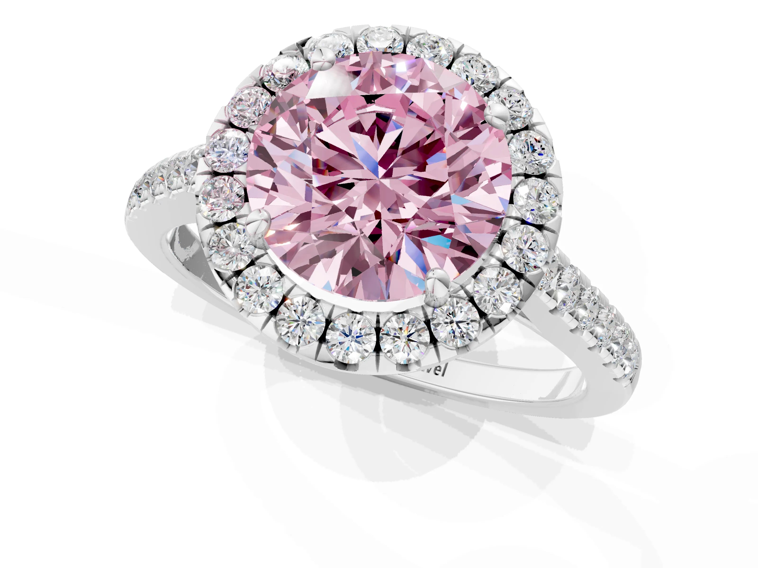 White gold Fancy Pink Round Cut Halo Pave Diamond Engagement Ring with Four-Prong Setting_1