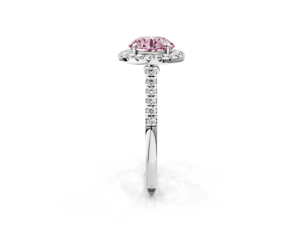 White gold Fancy Pink Round Cut Halo Pave Diamond Engagement Ring with Four-Prong Setting