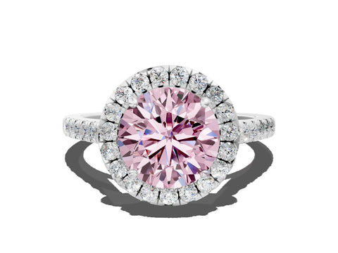 White gold Fancy Pink Round Cut Halo Pave Diamond Engagement Ring with Four-Prong Setting