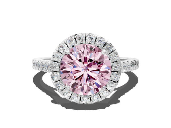 White gold Fancy Pink Round Cut Halo Pave Diamond Engagement Ring with Four-Prong Setting