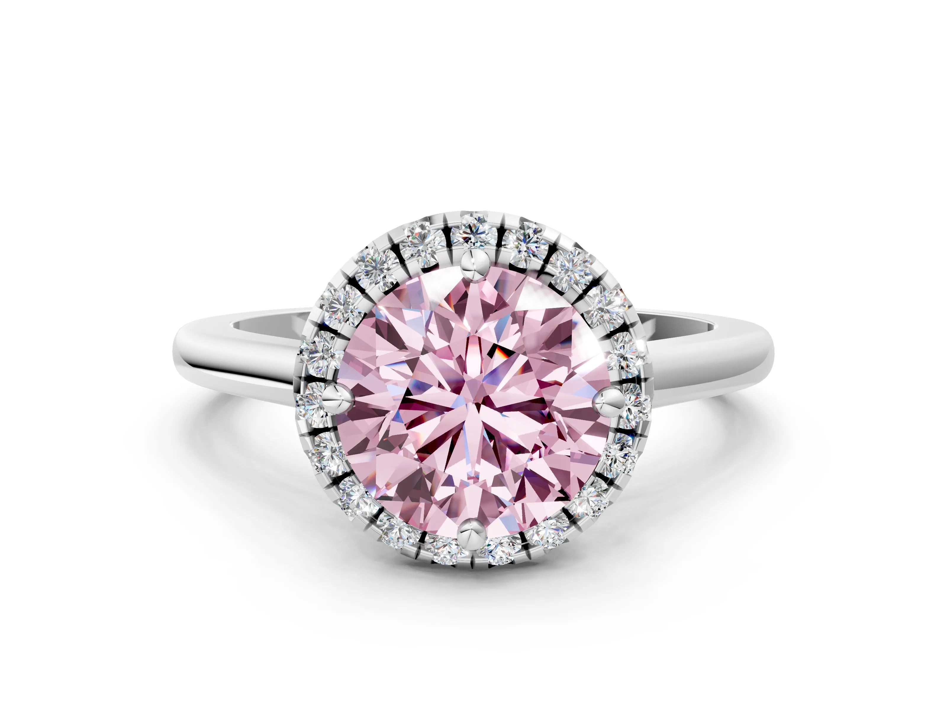 White gold Fancy Pink Round Cut Halo Round Diamond Solitaire Engagement Ring with Pave Band and Four-Prong Setting_24