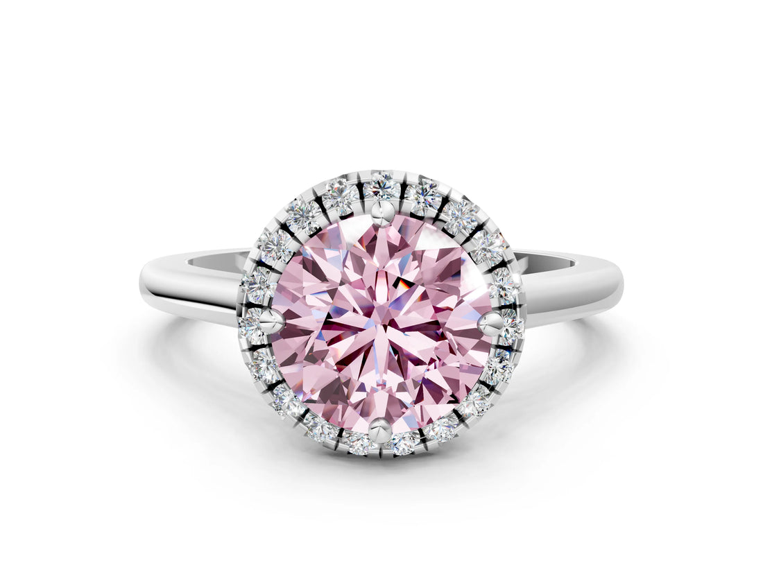 White gold Fancy Pink Round Cut Halo Round Diamond Solitaire Engagement Ring with Pave Band and Four-Prong Setting_24