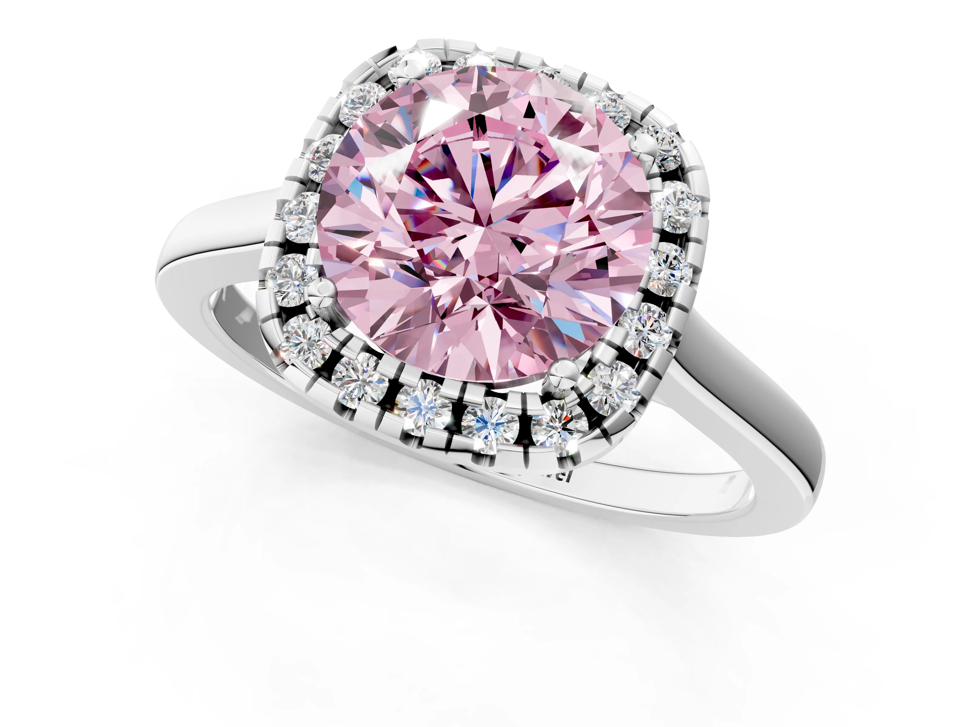 White gold Fancy Pink Round Cut Halo Round Diamond Solitaire Ring with Pavé Band and Four-Prong Setting_13