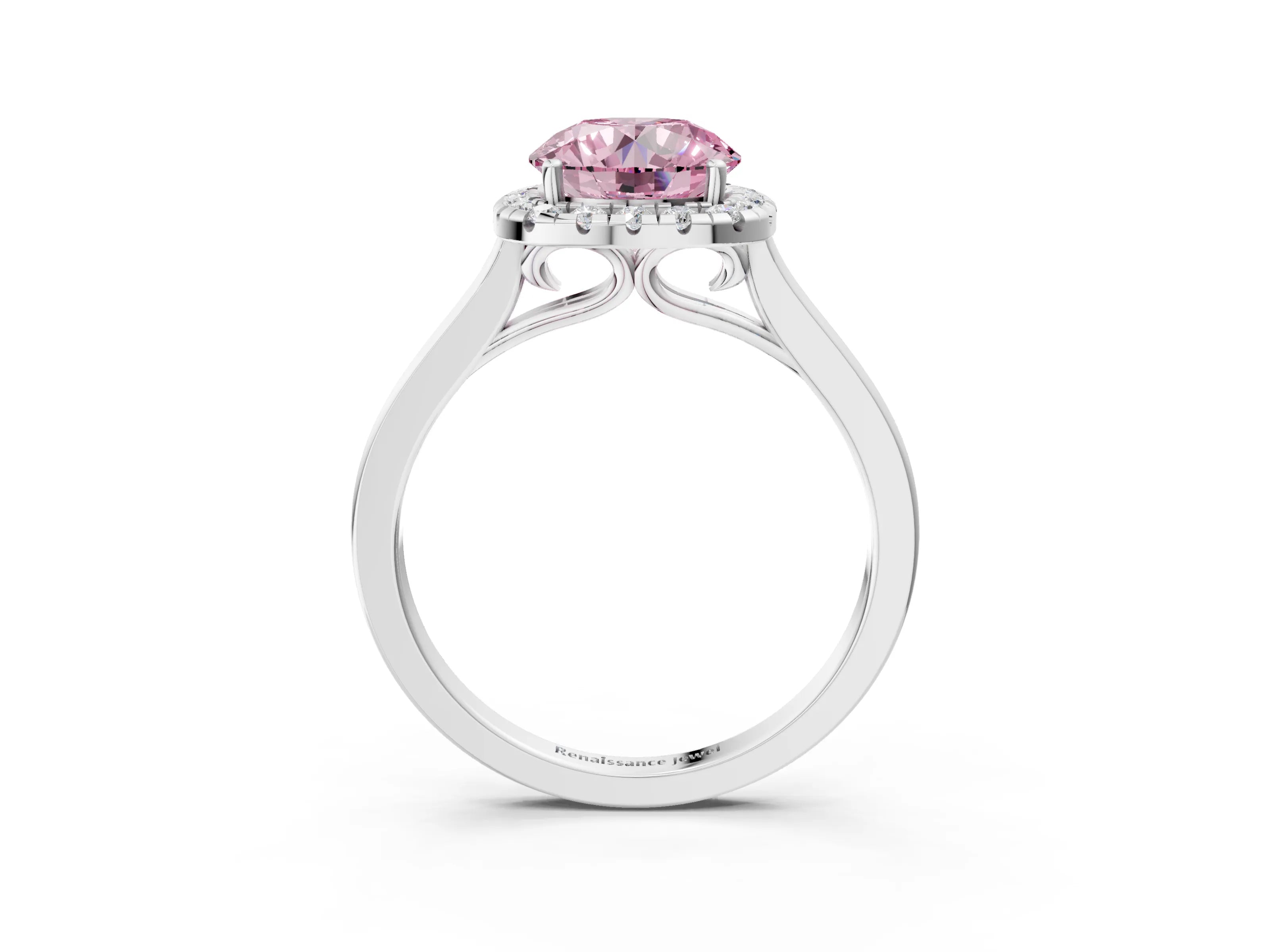 White gold Fancy Pink Round Cut Halo Round Diamond Solitaire Ring with Pavé Band and Four-Prong Setting_15