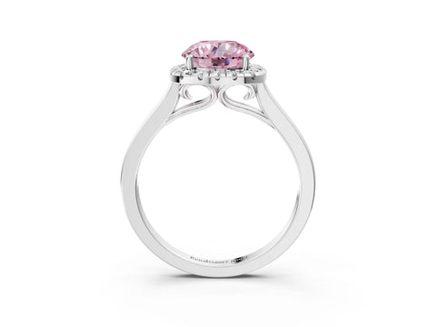 White gold Fancy Pink Round Cut Halo Round Diamond Solitaire Ring with Pavé Band and Four-Prong Setting_15