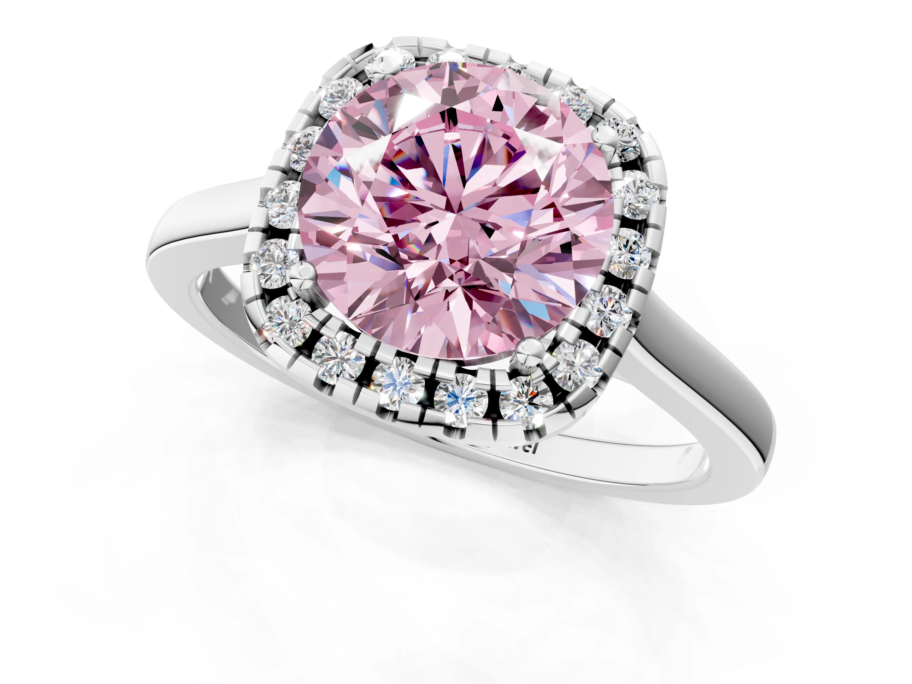 White gold Fancy Pink Round Cut Halo Round Diamond Solitaire Ring with Pavé Band and Four-Prong Setting_19