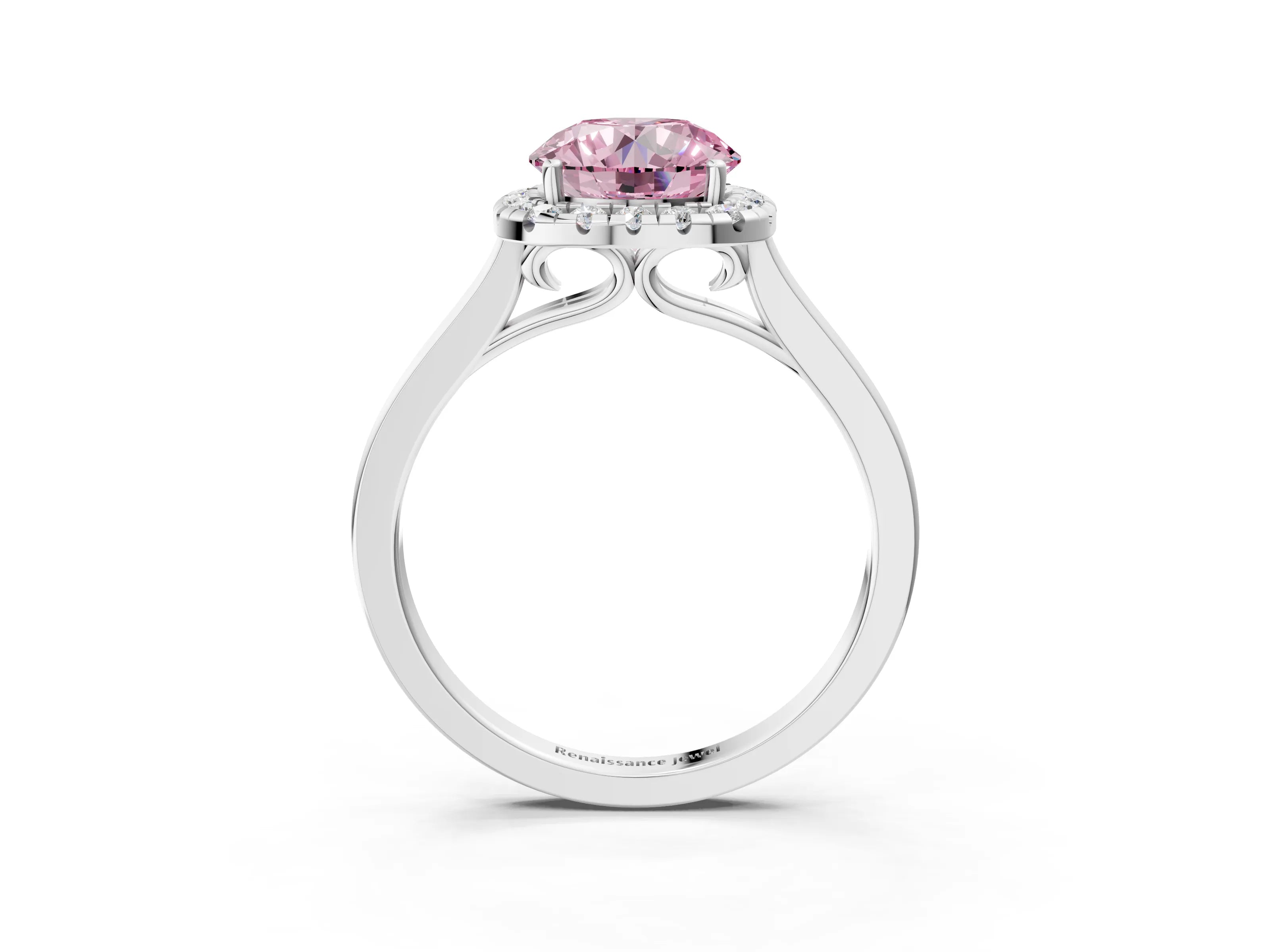 White gold Fancy Pink Round Cut Halo Round Diamond Solitaire Ring with Pavé Band and Four-Prong Setting_21