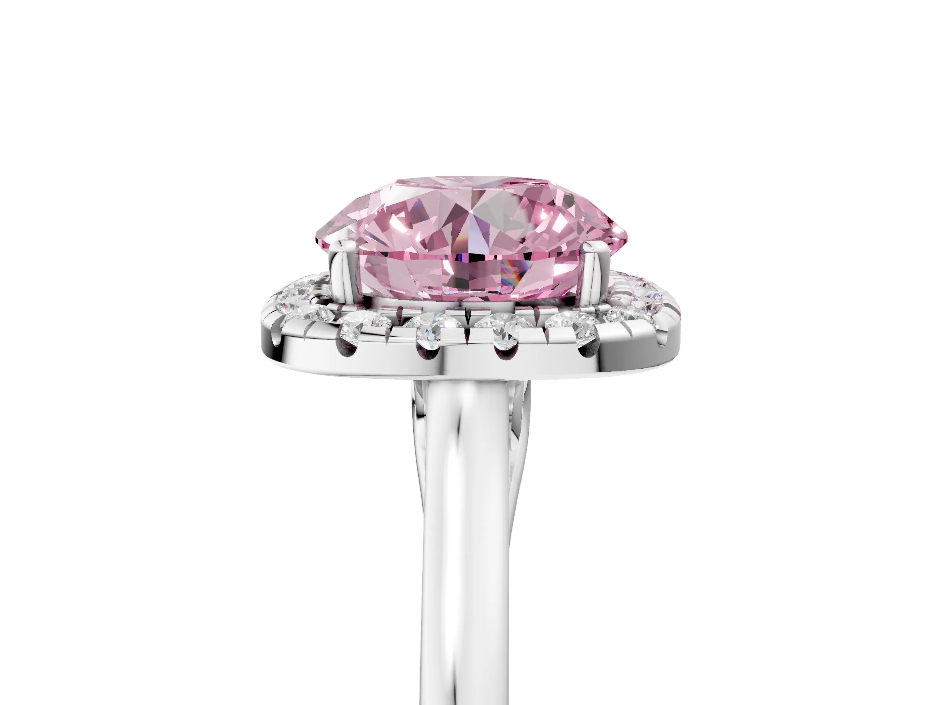 White gold Fancy Pink Round Cut Halo Round Diamond Solitaire Ring with Pavé Band and Four-Prong Setting_23