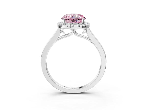 Platinum Fancy Pink Round Cut Halo Round Diamond Solitaire Ring with Pavé Band and Four-Prong Setting