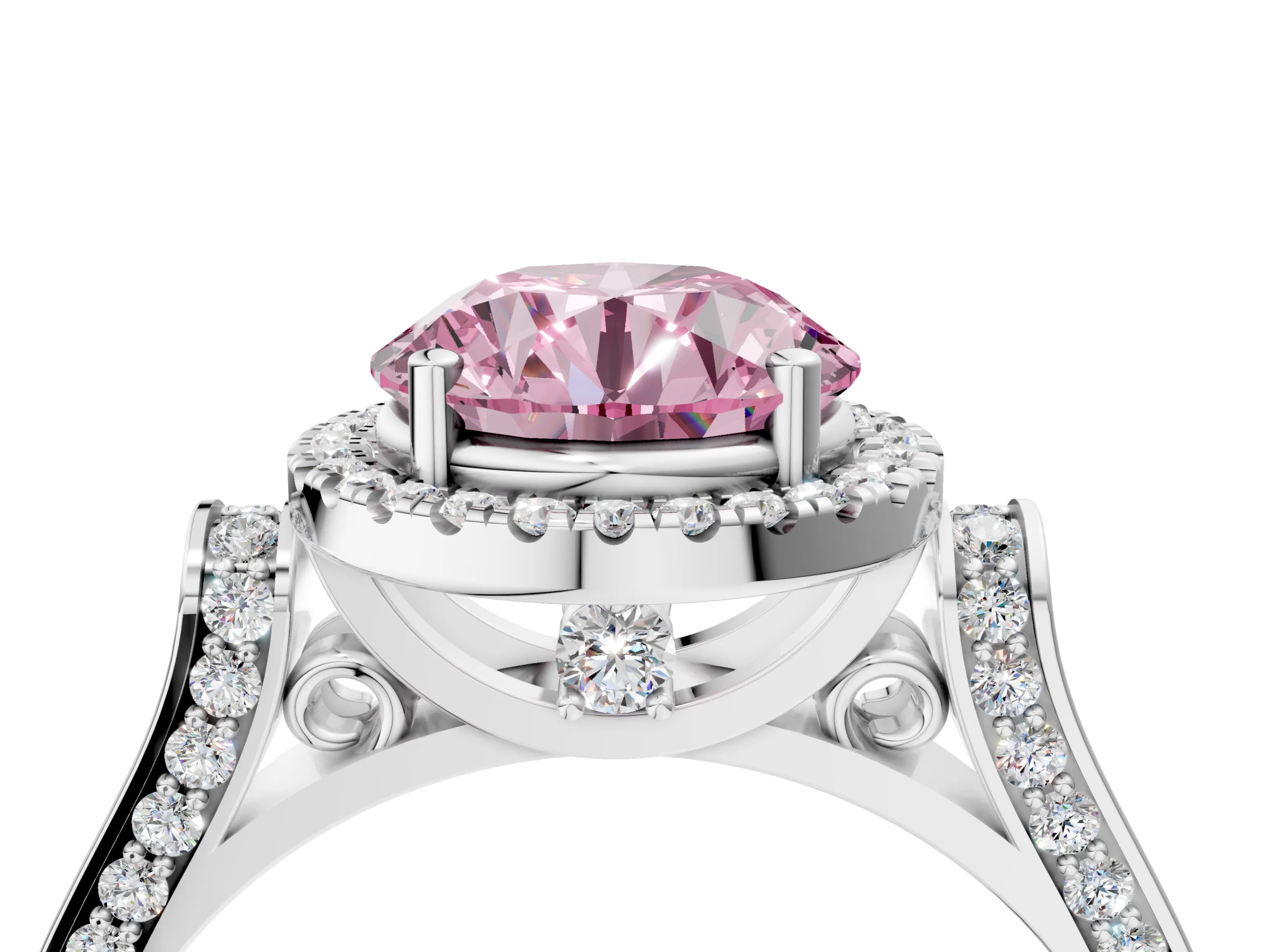 White gold Fancy Pink Round Cut Halo Round Diamond Twist Band with Four-Prong Setting_34