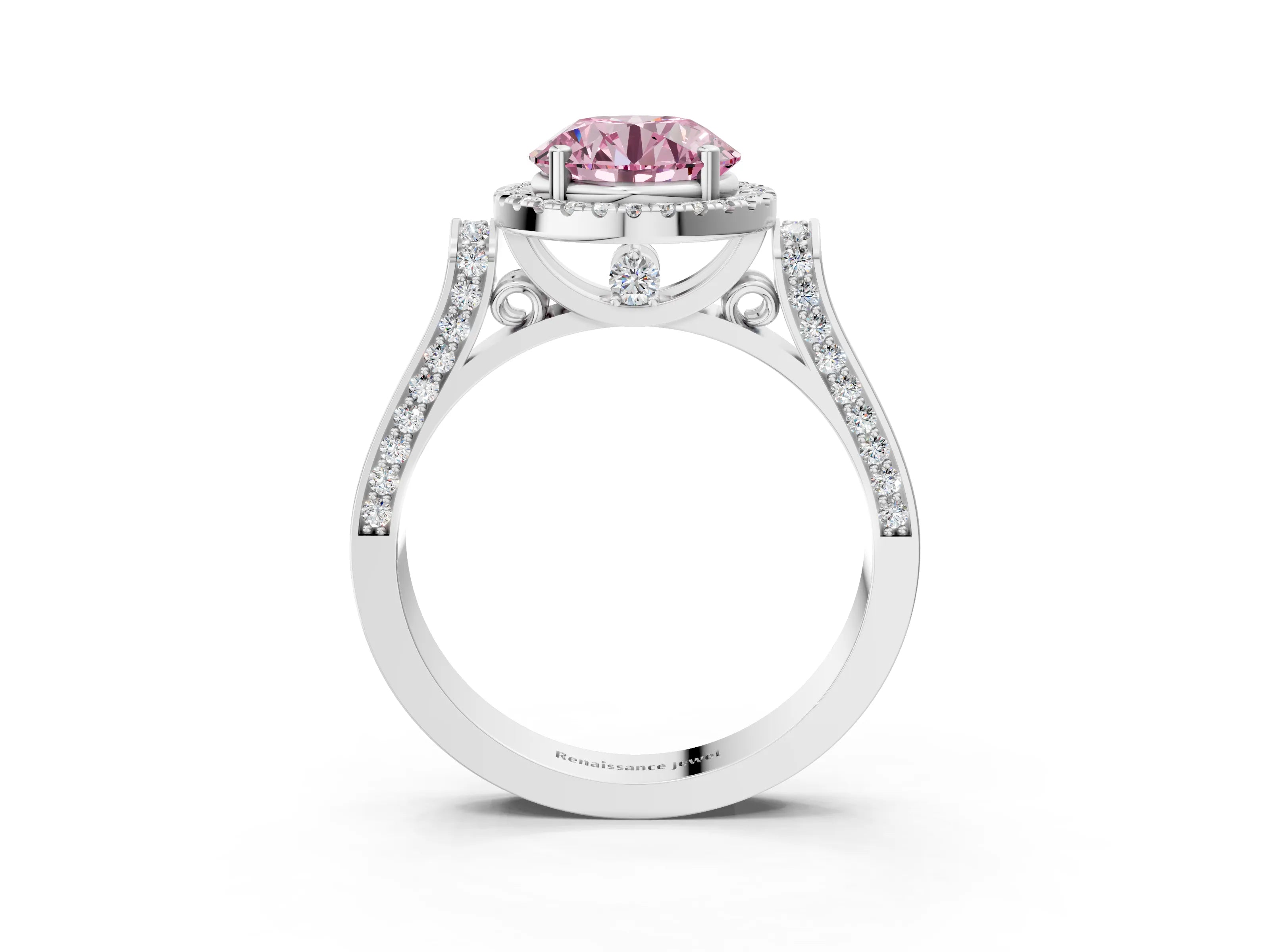 White gold Fancy Pink Round Cut Halo Round Diamond Twist Band with Four-Prong Setting_3
