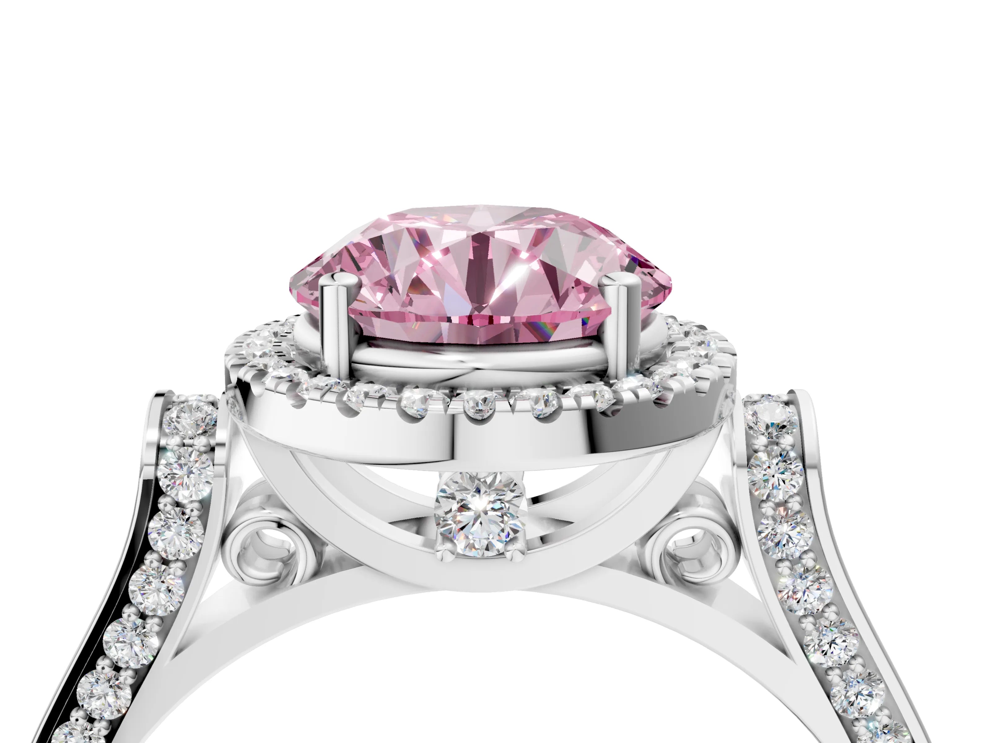 White gold Fancy Pink Round Cut Halo Round Diamond Twist Band with Four-Prong Setting_4