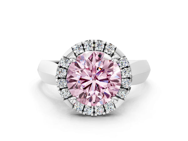 Platinum Fancy Pink Round  Cut Halo Solitaire Engagement Ring with Square Band and Four-Prong Setting