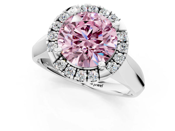 Platinum Fancy Pink Round  Cut Halo Solitaire Engagement Ring with Square Band and Four-Prong Setting
