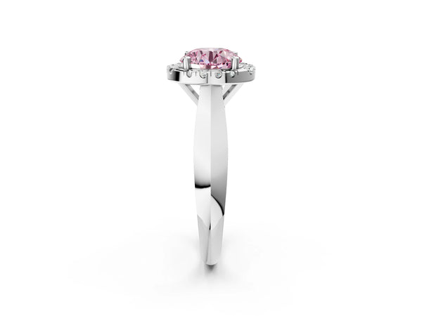 Platinum Fancy Pink Round  Cut Halo Solitaire Engagement Ring with Square Band and Four-Prong Setting