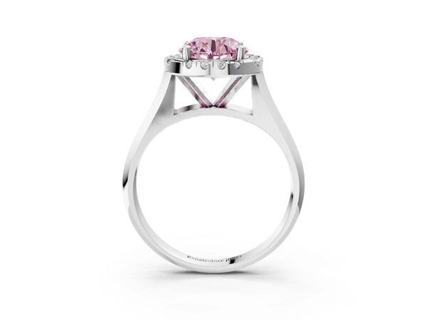 Platinum Fancy Pink Round  Cut Halo Solitaire Engagement Ring with Square Band and Four-Prong Setting