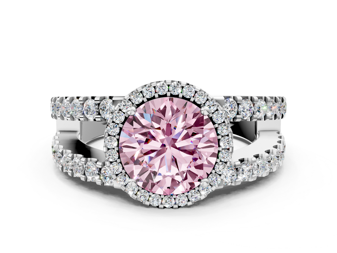 White gold Fancy Pink Round  Cut Halo Split Shank Diamond Ring with Four-Prong Setting