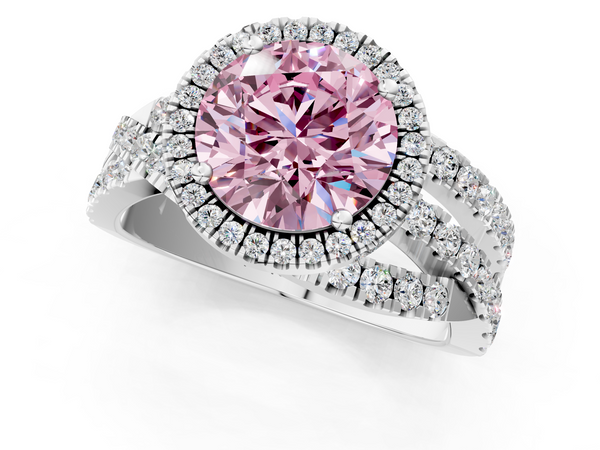 Platinum Fancy Pink Round  Cut Halo Split Shank Prong Setting Ring